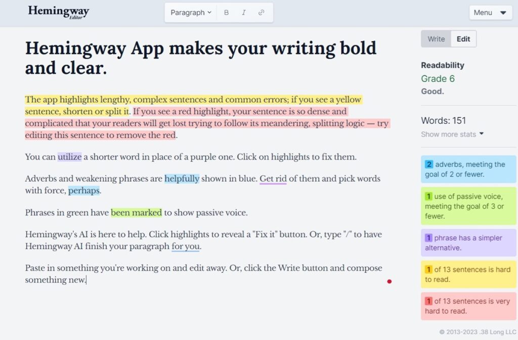 The Hemingway Editor's color coding makes it easy for writers to see what needs improvement. (Source: Hemingway App)