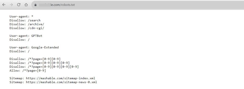 Sample of a Robots.txt file on a live website.